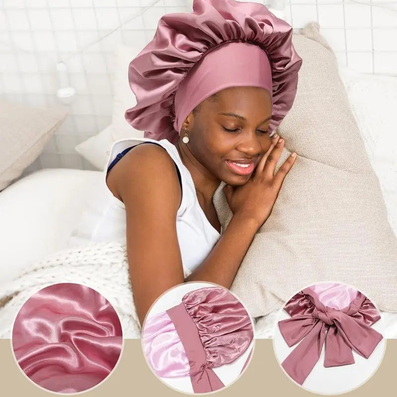 AWAYTR Double Layered Satin Night Caps Hair Care Silk-Like Bonnet Sleeping Hat Shower Caps for Women Nightcap with Elastic Tie Band Gifts