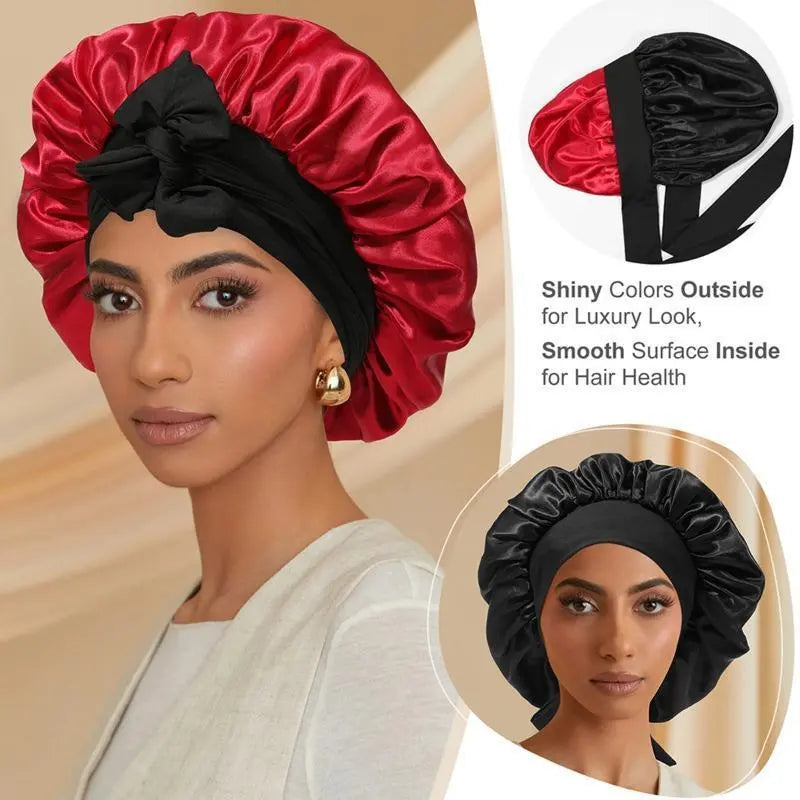 AWAYTR Double Layered Satin Night Caps Hair Care Silk-Like Bonnet Sleeping Hat Shower Caps for Women Nightcap with Elastic Tie Band Gifts