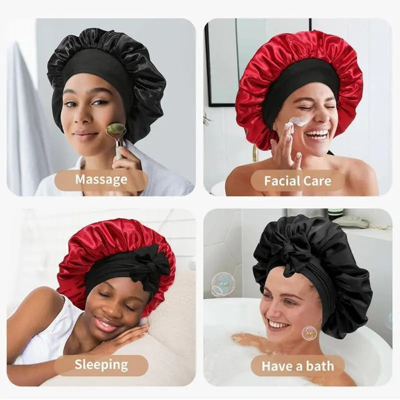 AWAYTR Double Layered Satin Night Caps Hair Care Silk-Like Bonnet Sleeping Hat Shower Caps for Women Nightcap with Elastic Tie Band Gifts